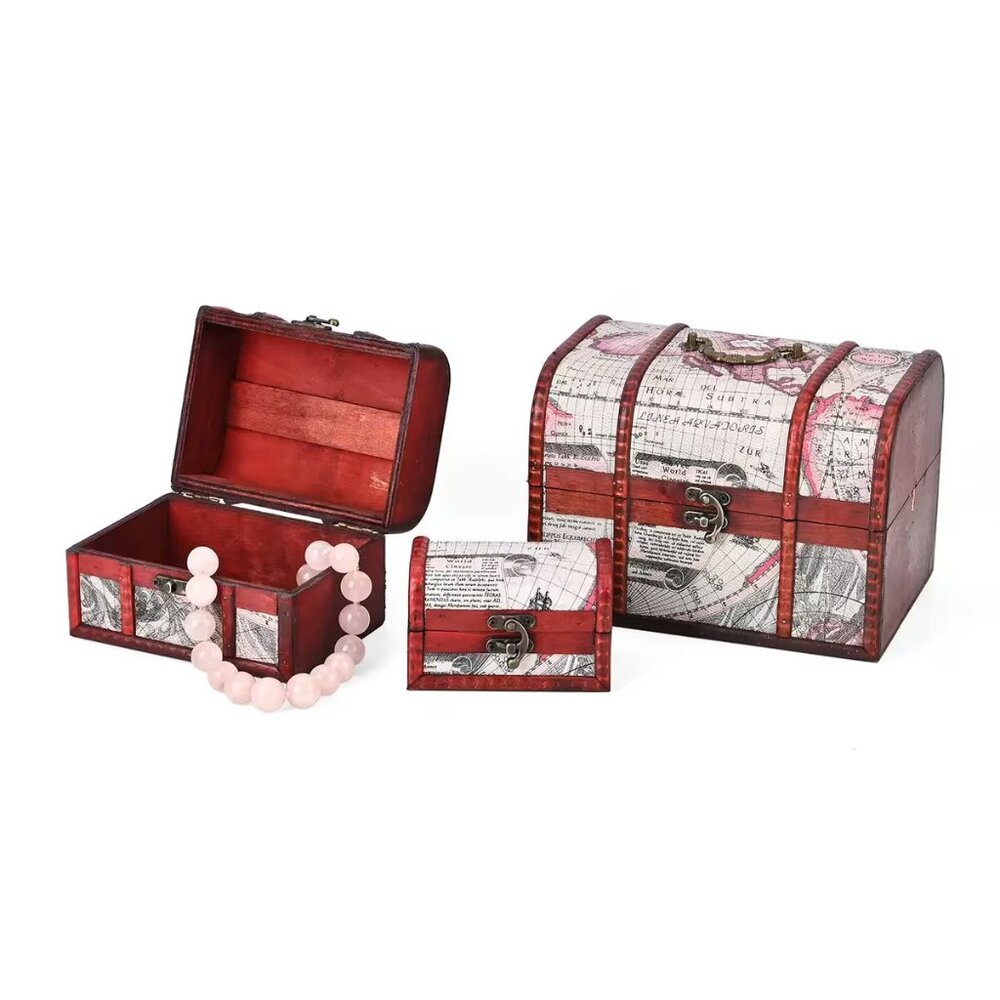 NEW 3 Wine Red Wooden and Map Pattern Faux Leather Nesting Treasure Chest
